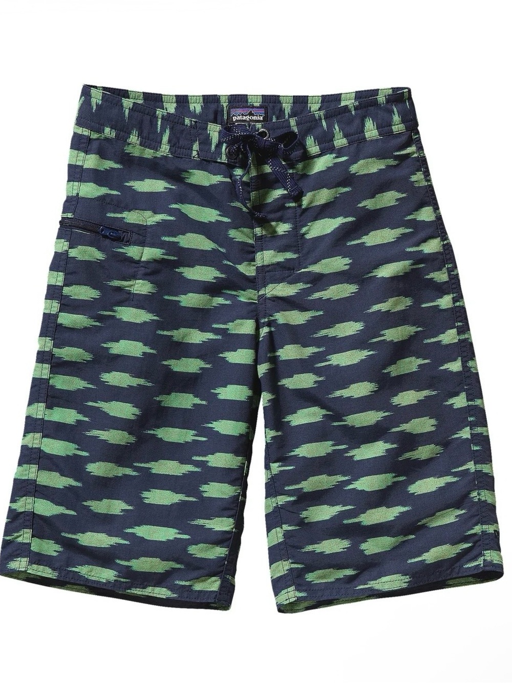 Patagonia Worn Wear Boys Wavefarer Board Shorts, Navy Blue Ikat Blocks - Size 10